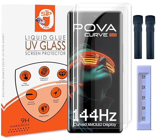 Image of STP FEEL Advanced UV Tempered Glass Screen Protector Guard Compatible For Tecno Pova Curve 5G (6.78 Inch, Pack of 2) Full Adhesive UV Curved Case Friendly HD Clarity with easy installation kit