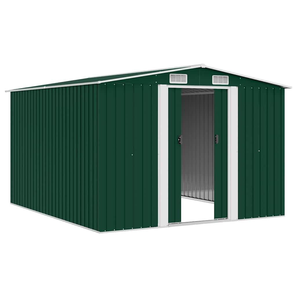 Gerätehaus Metall grün 257x298x178 cm verzinkter Stahl Gartenschuppen mit Lüftungsgittern, Schiebetüren, geräumig für Werkzeugaufbewahrung und Gartenlagerung im Außenbereich Terrasse