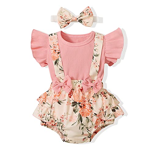 Image of Summer Outfits for Girls Baby Newborn Knit Rib T-Shirt Top Infant Ruffle Sleeve Suspenders Overalls Romper Bloomers Toddler Headband Fall Clothes 1st Birthday Photo Shoot Pink Flower 0-3 Months