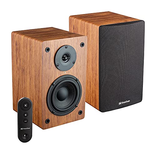 Knox Gear LP1 Powered Bookshelf Speaker- Record Player Speakers with Bluetooth -30 Watt x 2-2.0 Stereo Studio Monitor Speaker with Wood Finish - 4 inch Paper Cone Woofer