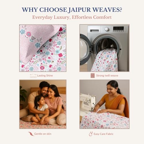 Image of Jaipur Weaves Cotton King Size Bedsheet 108x108 Super King, 100% Pure Cotton Bed Sheet with 2 Pillow Covers, 240 TC Soft Breathable Floral Design Bedding - (Pink Harmony, Super King)