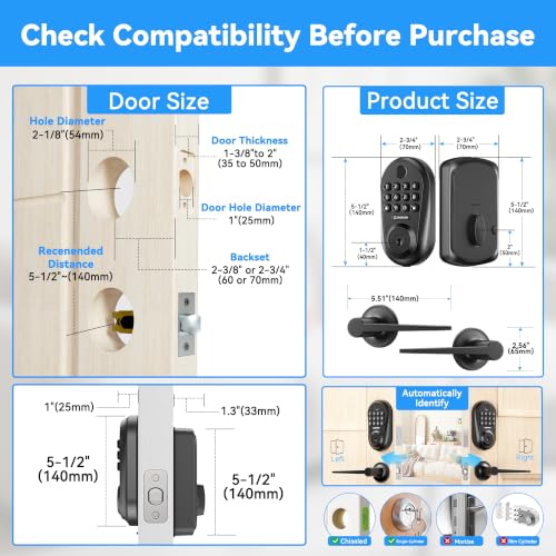 Image of 5-in-1 Keyless Entry Door Lock Smart Deadbolt with Handle Black | Smart Lock for Front Door, Auto-Lock Deadbolt with Handle Set, Remote Control via App Privacy-Focused Design, Easy Install