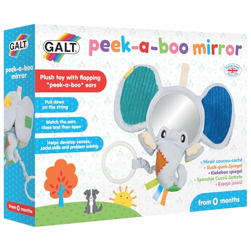 Galt Peekaboo Baby Mirror - Cause & Effect Elephant Sensory Toy for Newborns - Tummy Time Floor Activity - Explore Textures and Motor Skills with Pull Handle & Cute Crackle Ears - For Age 0 Months +