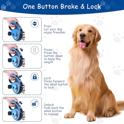 26Ft Retractable Dog Leash - for Dog Up to 110lbs, Tangle Free Walking Leash with Chew Proof Cable | LED Light | Dispenser | Poop Bags, Quick Lock Braking & Non-Slip Handle (Blue) - Image 5