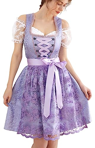 Dirndl Damen Midi Trachtenkleid inkl. Trachtenrock Dirndlbluse Dirndlschürze Germandress für Oktoberfest Lila 38