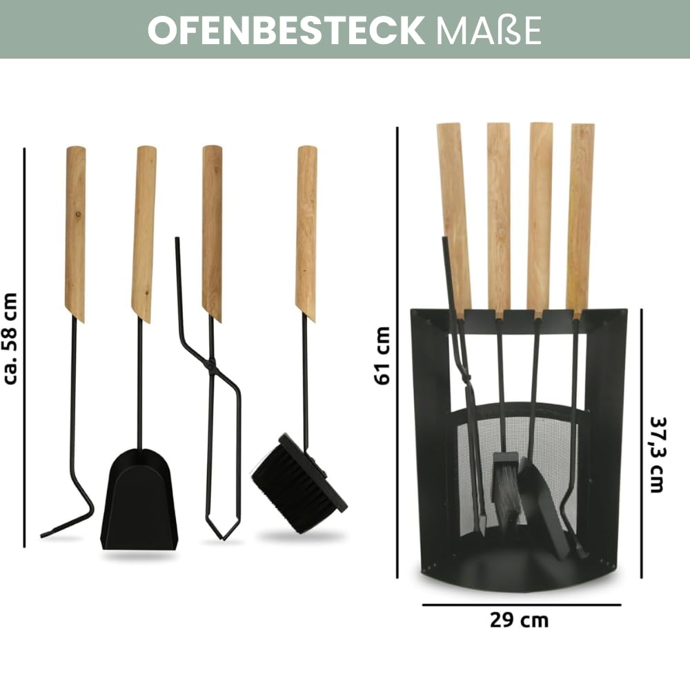 Kaminbesteck modern THEO | 6-teilig mit Holzgriff | Schürhaken Besen Ascheschaufel | Kamingarnitur Schwarz Ofenbesteck Kaminzubehör