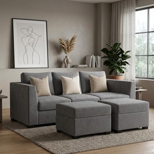 Image of FURNY Revona 5 Seater L Shape Sofa Set with 2 Movable Ottoman | Flexible Left or Right Layout | Plush Velvet Fabric (Dark Grey) | Perfect for Living Room, Guest Room & Office
