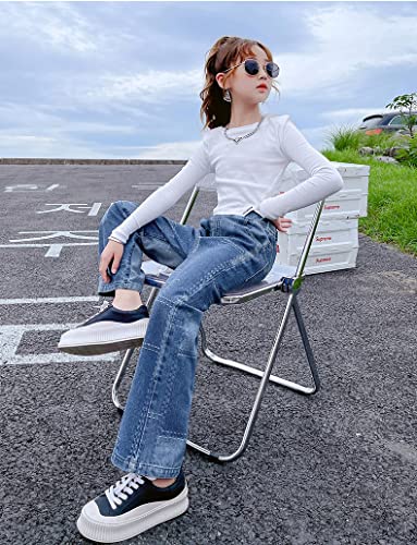 Big Girls Baggy Jeans Casual Patchwork Denim Jeans Elastic Wasit Wide Leg Ripped Pants Bell Bottoms for 4-14 Years4