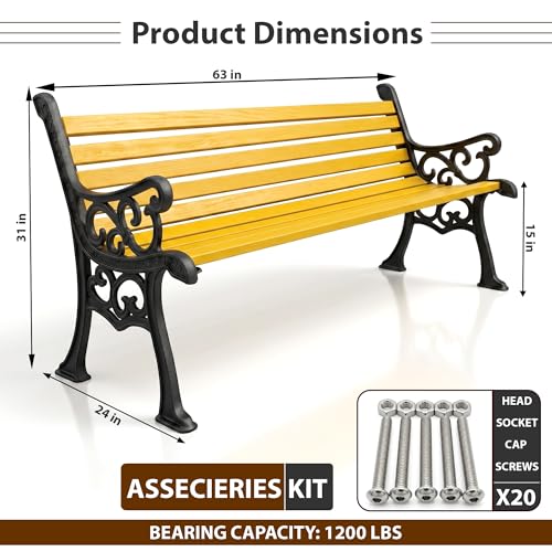 Image of BRISHI 3 Seater cast Iron Garden Bench for Indoor & Outdoor Park /Patio /Living Room /Terrace /Balcony (White) (Black + Yellow)