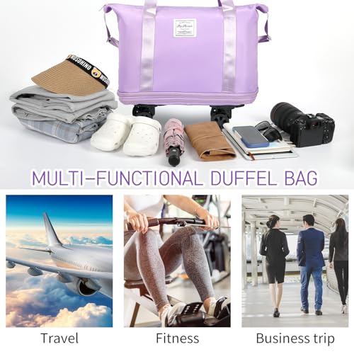Image of VOOWO Rolling Duffle Bag with Wheels, Expandable Foldable Duffle Bag for Travel, Large Weekend Bag, Purple