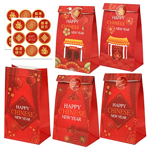 HOWAF 12pcs 2023 Nouvel an Chinois Sacs Cadeaux Rouge avec Autocollants Lapin Nouvel an Chinois Sac Papier Chinese New Year Chinois Sac Bonbon Sac Cadeau pour Decoration Chinois Nouvelle Année 2023 Cover