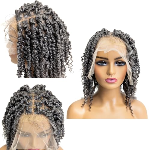 PIB 12'' Single Full Lace Wig Spring Twist Square Parted Knotless Braided Wigs for Black Women Synthetic Lace with Natural Baby Hair (#44 Charcoal Gray, 12