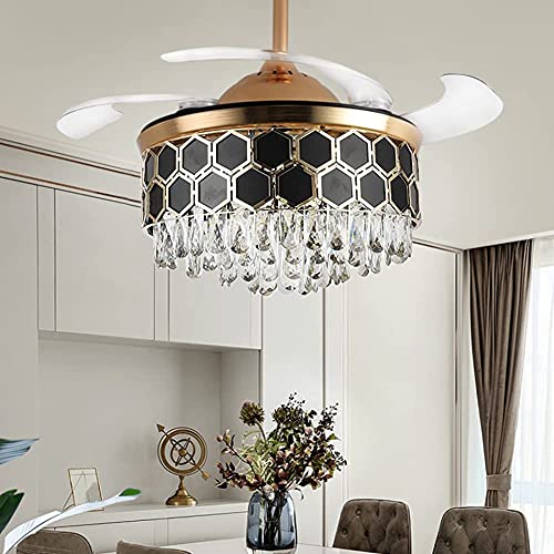 Fandian 42" Modern Crystal Ceiling Fan With Led Lights Remote Control Retractable Chandelier, 3 Color Lighting, Silent Black Gold Luxury Fandelier Fixture For Bedroom Dining/Living Room #TOP3