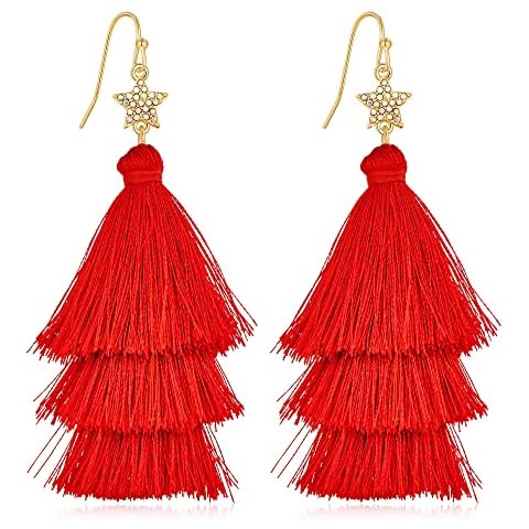 WOWORAMA Colorful Layered Tassel Earrings for Women 3 Tier Bohemian Fringe Tassel Earrings Star Hook Tiered Thread Tassel Earrings Christmas Halloween Jewelry Multi Colors, Copper, Cubic Zirconia Cover