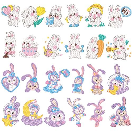 FLYSONG Diamond Art Kits for Kids DIY Cute Bunny 24 Pcs Creative Diamond Art Stickers - Gem Craft Mosaic Painting Stickers by Number Kits (Cute Bunny)