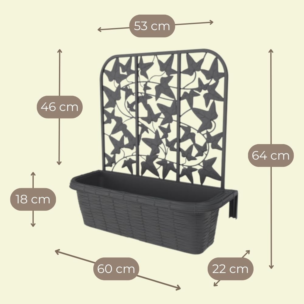 GarPet 2er Set Blumenkasten Balkon Balkonkasten mit Spalier Pflanzkasten mit Wasserspeicher Blumenkasten Geländer Kasten Balkongeländer Geländerkasten 60 cm Rattan Anthrazit