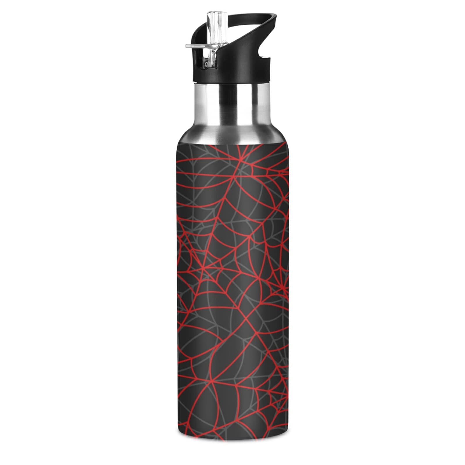 Vnurnrn Rete Ragno Halloween Nero Rosso Bottiglia Acqua Acciaio Inox, Isolato Borraccia Termica Senza BPA 600ML per Bevande Calde e Fredde per Bambini Sport Ciclismo Scuola