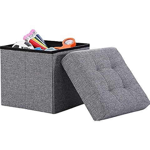 MALLOOM Home Foldable Tufted Linen Storage Ottoman Square Cube Foot Rest Stool/Seat (Gray, 15" x 15" x 15") Cover