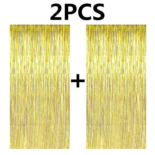 Image of Party Propz Golden Foil Curtains For Birthday Decoration - Set of 2 Pcs (3ft x 6ft Each) Gold Foil Curtain For Decoration | Foil Fringe Curtains For Decorations | Party Decorations Items (Golden)