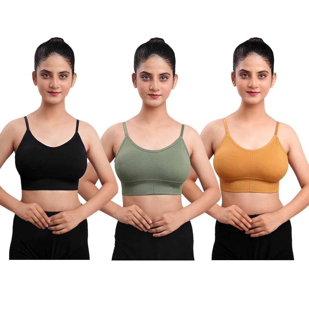 texello Women's Cotton Wire-Free Full Coverage Lightly Padded Sports Bra - Comfortable & Supportive Everyday Wear - Pack of 3 (Size- 34, Black, Yellow, Green)-picture-18