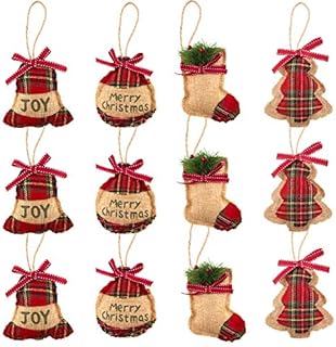 LUTER 12Pcs Christmas Tree Ornaments Rustic Burlap Stocking Ball Bell Hanging Decoration for Xmas Party Supplies (4 Styles)