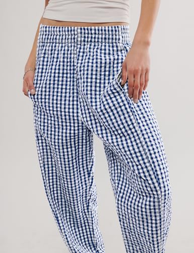 Image of PEHMEA Cotton Gingham Boxer Pants for Women Casual Plaid Harem Trousers Y2K Beach Lounge Bottoms with Pockets