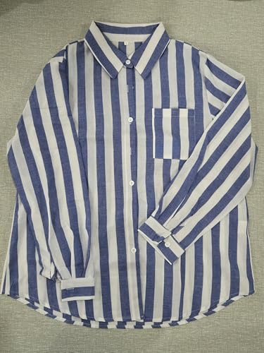 Uqezagpa Chemise en lin à col boutonné à manches longues - Chemisiers décontractés à rayures - Hauts pour femme - En coton et lin - Col boutonné à manches longues - Chemisiers décontractés rayés, vert – vue 6