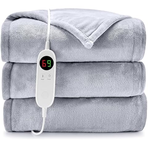HYLEORY Heated Electric Blanket Throw 50" x 60" Soft Warm Flannel with 6 Heating Levels & 9 Hours Timer Auto Shutt Off, Heating Blanket for Full Body - Light Grey Cover