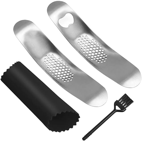 2 PCS Garlic Press with Garlic Peeler, FineGood Garlic Crusher Garlic Press Rocker Stainless Steel Garlic Presser Garlic Mincer with Cleaning Brush