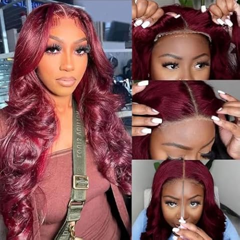 99J Burgundy Lace Closure Wig Wear and Go Glueless Wigs Human Hair Pre Plucked Pre Cut for Beginners Body Wave 5X5 Transparent Lace Front Wigs 180% Density No Glue Pre Cut 3 Seconds To Wear 30 Inch Cover