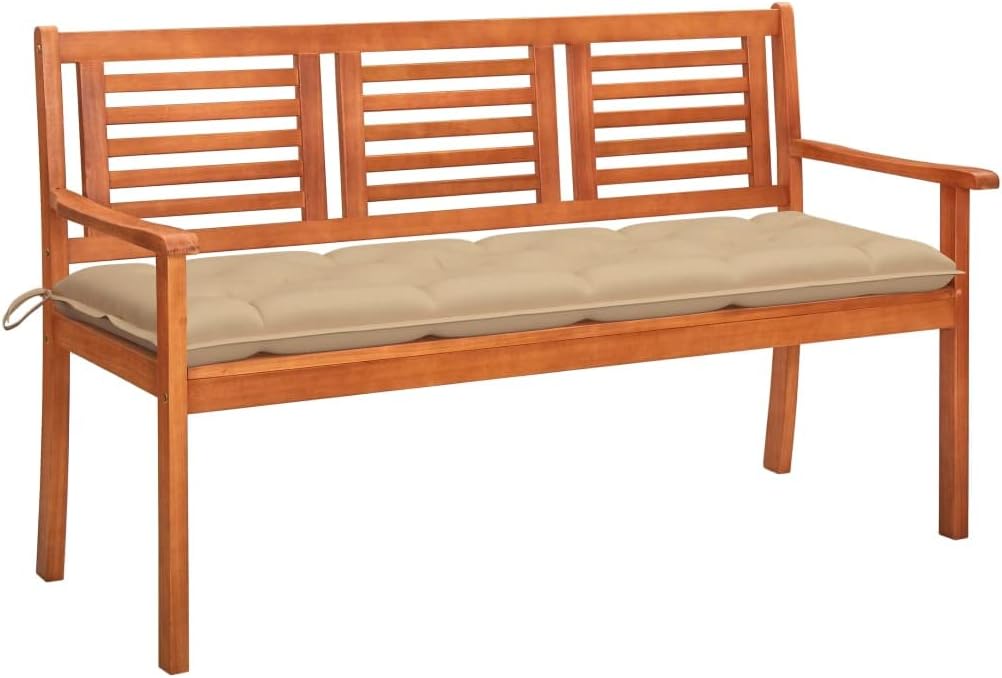 3-Seater Outdoor Patio Bench with Beige Cushion 59.1"x23.6"x35" Solid Eucalyptus Wood Garden Bench with Armrest, Large Bench for Patio Porch Poolside Balcony -AA