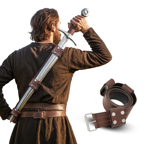 House of Wafare Medieval Leather Belt Zelda Holder Belt for Men – Heavy-Duty Renaissance Baldric Belt with Rivets, Adjustable for LARP, Cosplay, or Costume