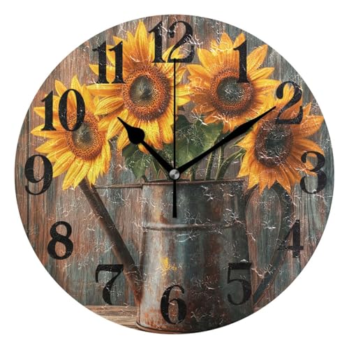 Sunflowers Old Watering Can Clock for Living Room Wall Clock Round Kitchen 10 Inch Non-Ticking Silent Battery Operated Quartz Atomic Analog Clocks Decorative Bedroom Home