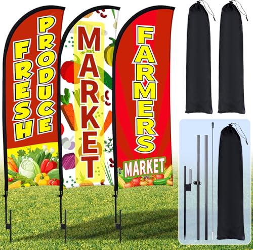Buryeah 3 Pack 12ft Fresh Produce Farmers Market Feather Flags Banners Advertising Sign Fresh Produce Flag with Flag Pole Ground Stake Portable Bag for Food Advertising Vegetable Business(Red)