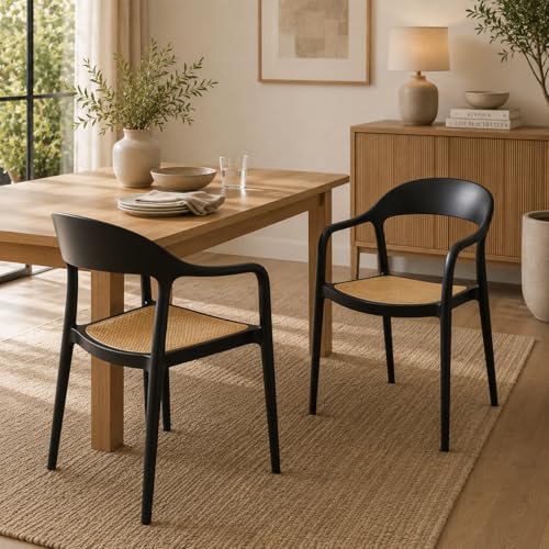 Image of Rattan Style Outdoor Chair | Set of 2 Black Plastic Arm Chair for Garden, Balcony, Patio & Cafe | Lightweight Weather Resistant Seating | 3 Year Manufacturing Warranty