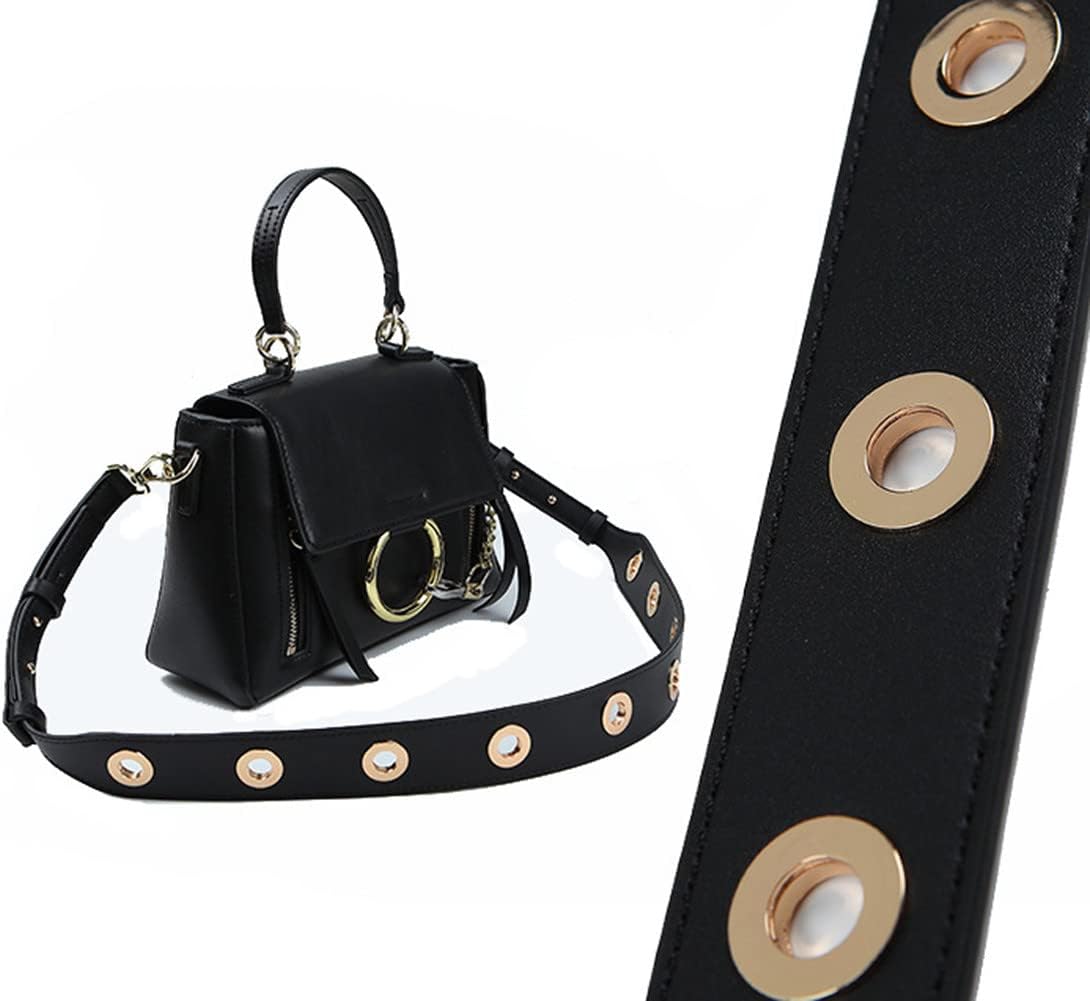 Ladies Wide PU Leather Shoulder Strap Round Rivet Perforated Adjustable Handbag Shoulder Bag Straps with Silver Metal Hardware Round Rivet Black