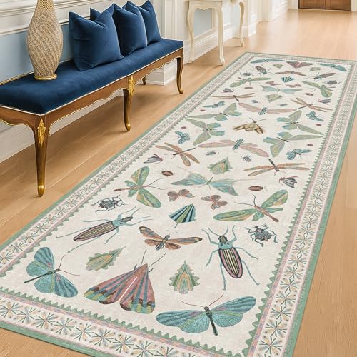 Image of Insect Print 8ft Long Hallway Runner Rug - 2'6''x8' Light Green Rug for Kitchen Floor, Wide Entryway Runner Rug, Washable Non Slip with Rubber Backing, Cool Butterfly Indoor Decor