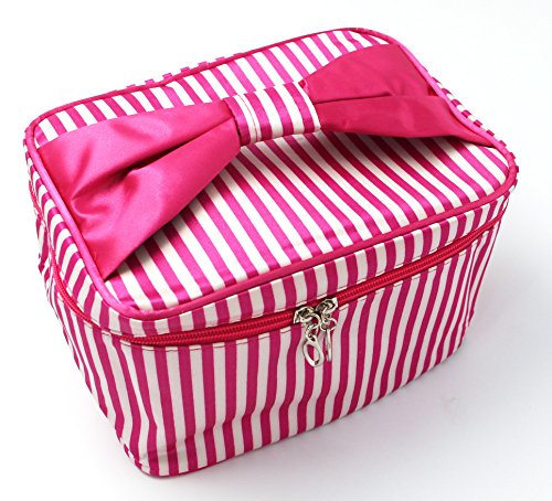 HOYOFO Women Portable Travel Cosmetic Bags with Brush Holder Make Up Bags,Red Stripe