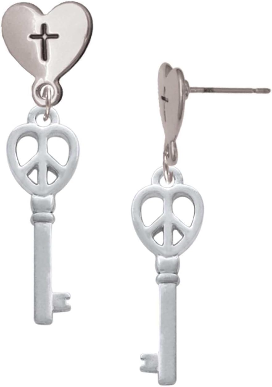 Delight Jewelry Plated Open Peace Heart Key Plated Cross in Heart Post Dangle Earrings
