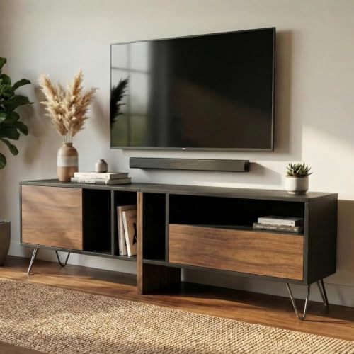 Image of FFO TV Unit, TV Cabinet 180 cm 6ft | TV Unit 75 Inch+ for Living Room | Black TV Stand Wooden with Metal Legs TV Console | TV Cabinet with Storage | TV Console Unit for 43, 55, 65, 75 Inch TVs | DIY.