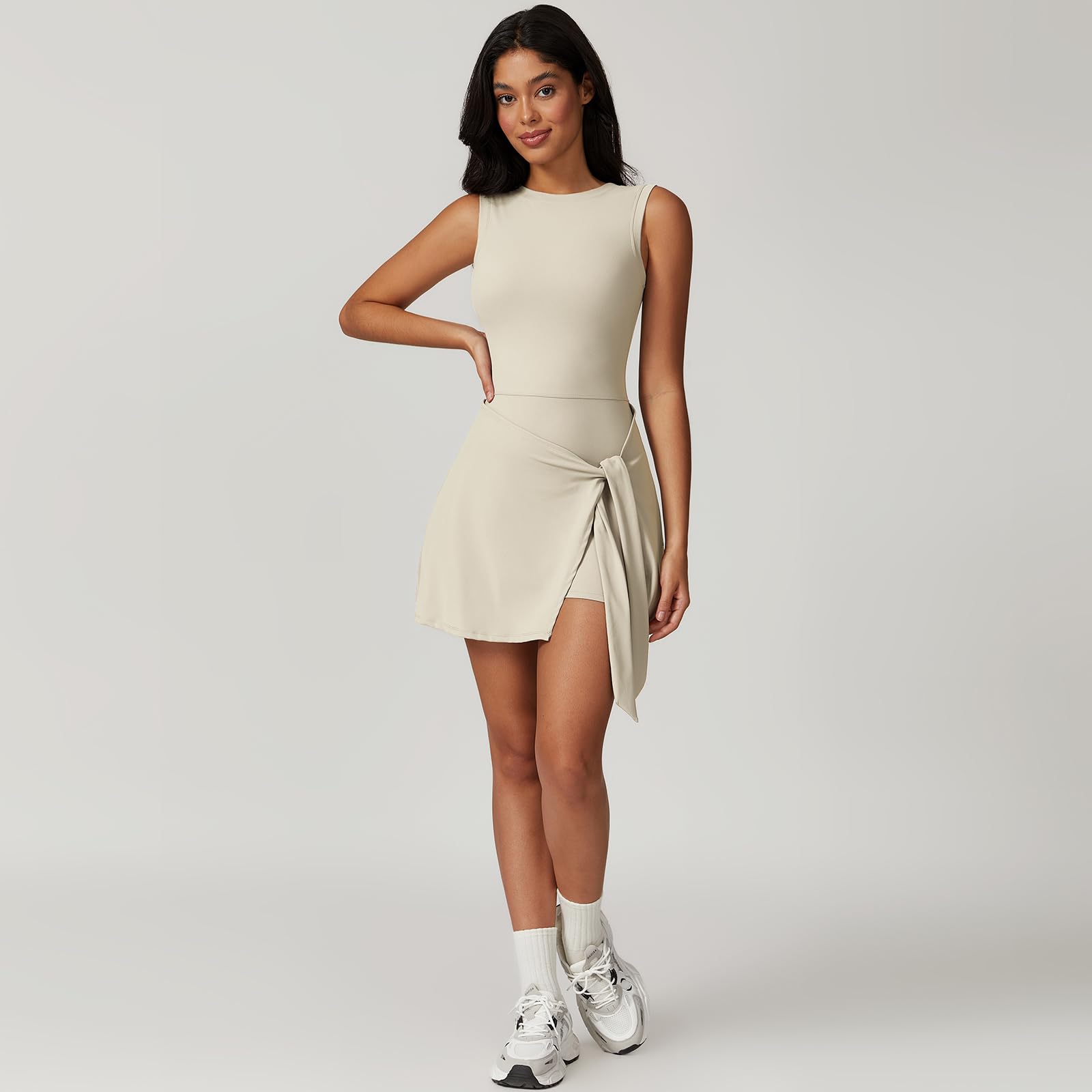 KAIFUYING Women's Activewear Dresses,Tennis Dress with Built-in Shorts,Cute Casual Dresses for Women,Short Sleeve Athletic Dress,Sundress with Shorts,Ideal for,Tennis,Golf and More Light Apricot-XL