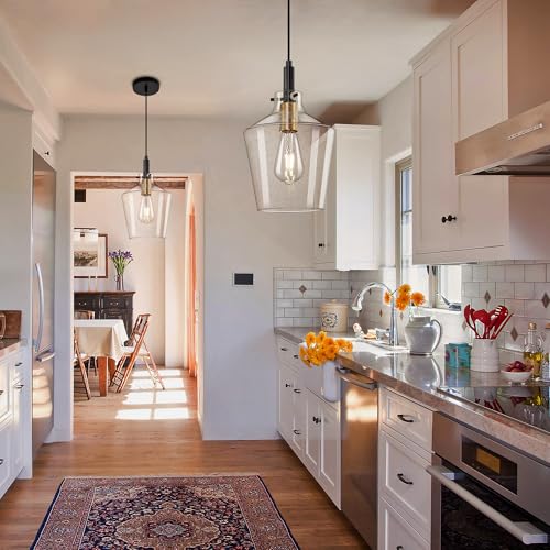 Image of Seeded Glass Pendant Lighting for Kitchen Island 1 Pack Black Gold 8 Inch | Adjustable cord Dimmable, E26 bulbs, Rust-resistant Damp Rated For Bathrooms, 5-Year Manufacturer Warranty, UL Certification