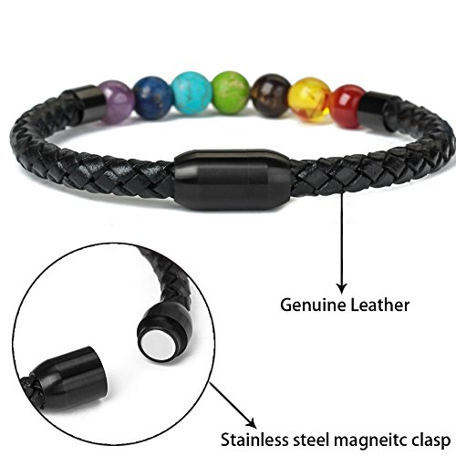 Healing Balancing Genuine Leather Beads Bracelet Magnetic Clasp Bracelet 8.5"3