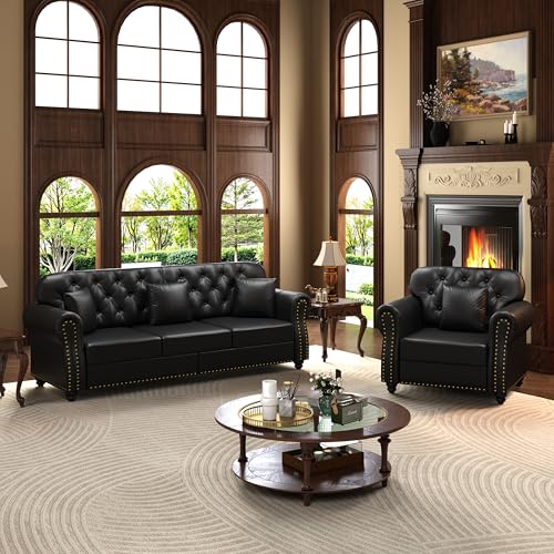 Image of KEIKI 2-Piece Chesterfield Sofa Set with 1 Faux Leather 3-Seater Sofa & 1 Single Sofa, Upholstered 4-Seater Couch Set with Nailhead Trim & Rolled Arms & 1 Ottoman & 4 Pillow, for Living Room, Black