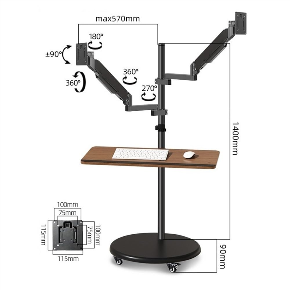 Stojak na monitor z regulacją wysokości ze sprężyną gazową, uchwyt na podwójny monitor z półką na klawiaturę, wielofunkcyjny stojak pod monitor 14-43" z funkcją rolowania, mobilna stacja robocza (17
