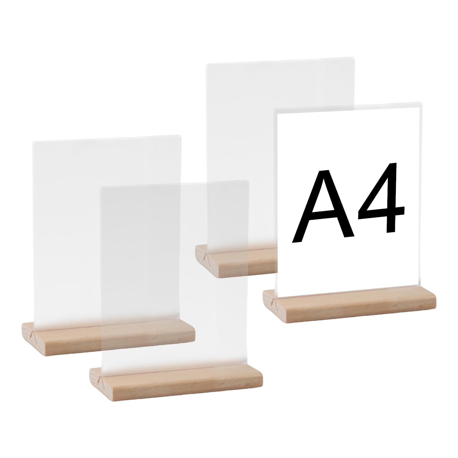 hocadon 4Pack A4 Acrylic Sign Holder with Wood Base Clear Menu Holders T-Shaped A4 Display Stand Place Card Holders for Office Store Restaurant Wedding
