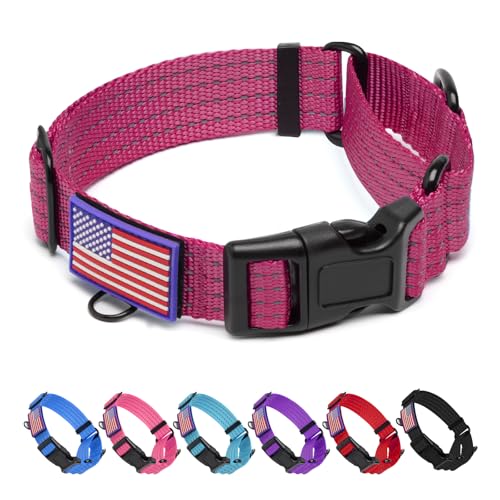 Image of Martingale Dog Collar Reflective with USA Flag Patch, M,Hot Pink | Escape Proof without choking,Adjustable Limited Slip Collar with Quick Release Buckle, Nylon Walking Collar for S M L Dogs