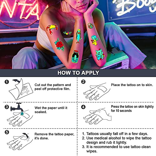 Glow In The Dark Tattoos, Acsaummy 12 Sheet Neon Tattoos Makeup Fake Tattoos Rave Festival Accessory Uv Temporary Tattoos For Women Men Face Arm Body Blacklight Butterfly Tattoos Adult Party Supplies #TOP4