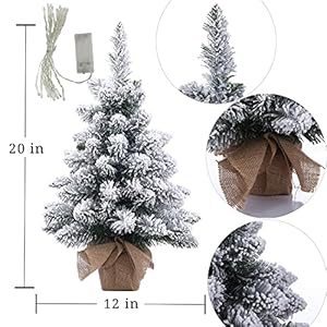 Pre Lit Artificial Mini Christmas Tree20 Inch Snow Flocked Artificial Pine Xmas Tree with 40 LED Lights70 Branch TipsDesktop Christmas Tree Burlap Base 50cm