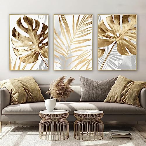 Affiche feuille d'or abstraite KEBIA lot de 3 toiles modernes 40x60cm sans cadre pour salon
